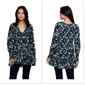 BeachLunchLounge Top Boho Blue Floral Cotton Tiered Talia Tunic Large V Neck